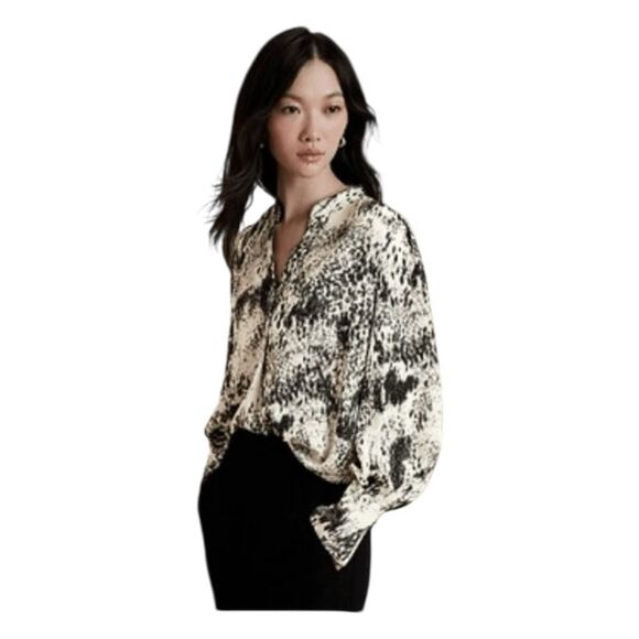 Banana Republic Crepe Volume-Sleeve Blouse Black White Print S - Picture 1 of 8